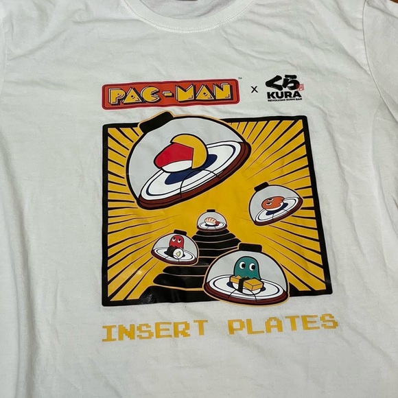 Kura Sushi Pac-man video game Insert Plates graphic t-shirt in white doublesided - Picture 2 of 10